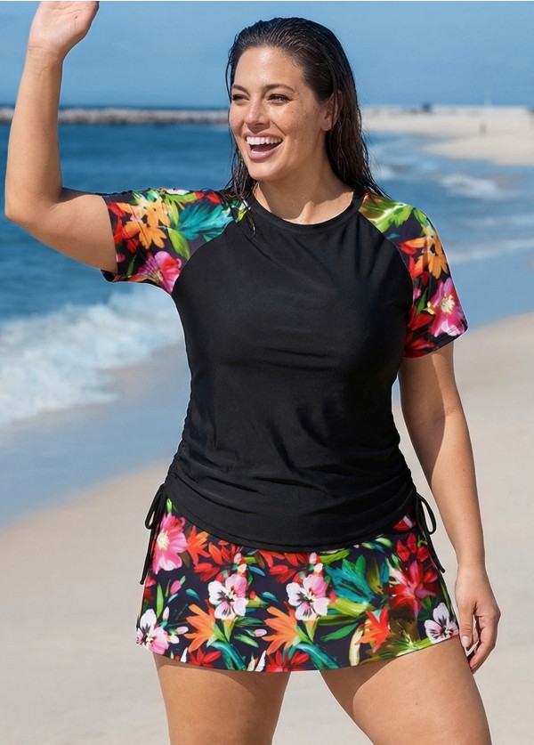 Curvy Red Floral Upf50+ Short Sleeves Modest Side Drawstring Women's Swimsuit Tankini Top