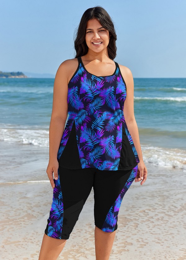 Plus Size Purple Leaf Print Modest Swimsuit And Swimwear Tankini Set