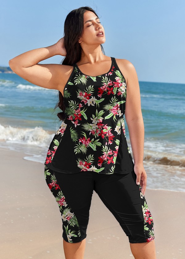 Curvy Red Floral Modest And Sporty Swimsuit And Swimwear Tankini Set