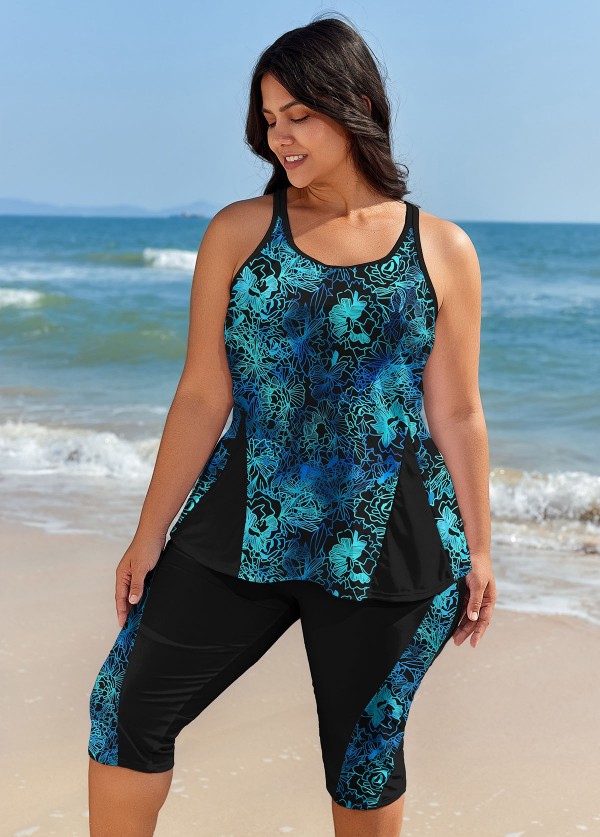Blue Floral Modest Plus Size Ladies Bathing Suits Tankini Set
