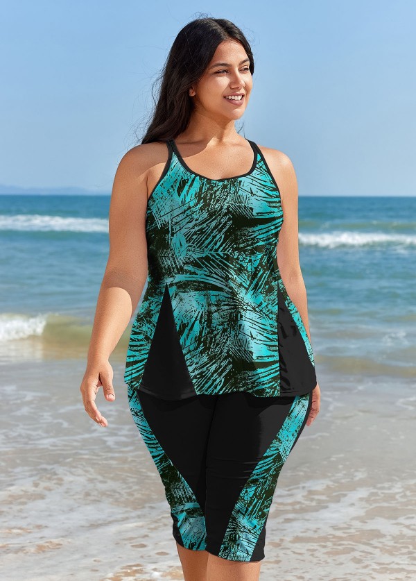 Green Leaf Print Modest Curvy Swimwear Bathing Suits Tankini Set