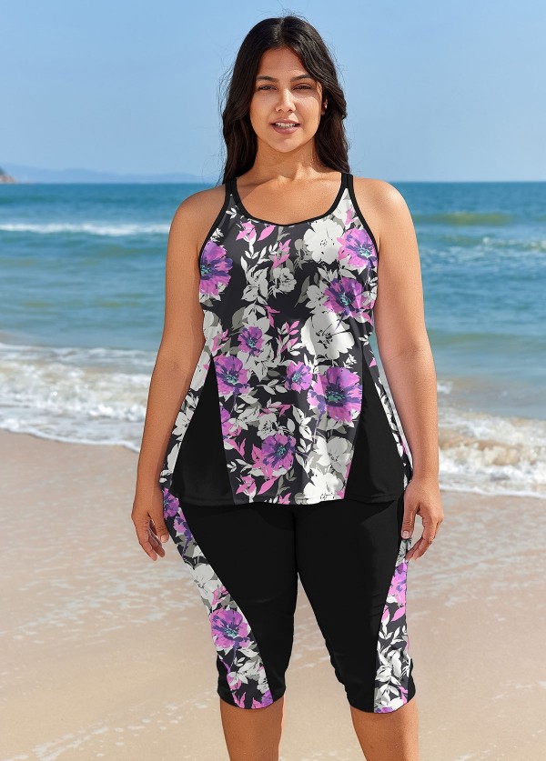 Plus Size Purple Floral Modest Women Beachwear Swimsuits Tankini Set