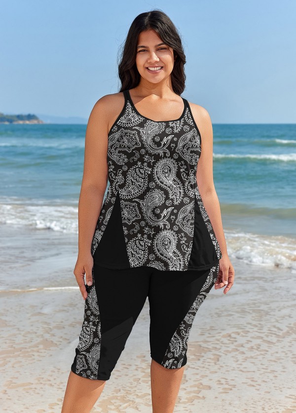 Curvy Black Paisley Modest And Sporty Women'S Bathing Suite Tankini Set