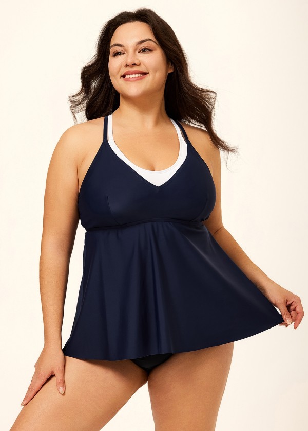 Blue and White Fake Two-Piece Double Strap Plus Size Modest Tankini Swimsuit Top