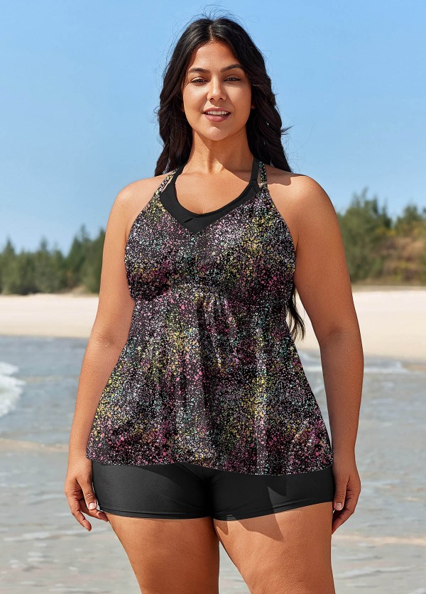 Plus Size Black Dot Print Faux Layered Beachwear Swimsuit Tankini Top