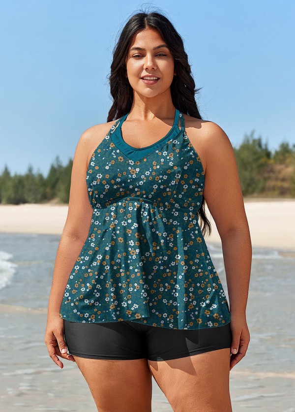 Curvy Green Floral 2In1 Chic Swimsuit And Swimwear Tankini Top