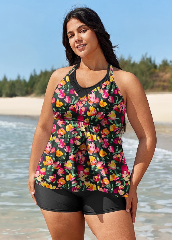 Red Floral Faux Layered Curvy Swimwear Bathing Suits Tankini Top