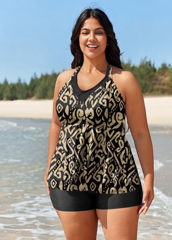 Plus Size Yellow Geometric Print 2In1 Beachwear Swimsuit Tankini Top