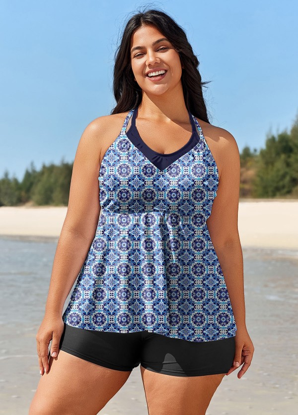 Plus Size Purple Geometric Print 2In1 Swimwear Bathing Suits Tankini Top