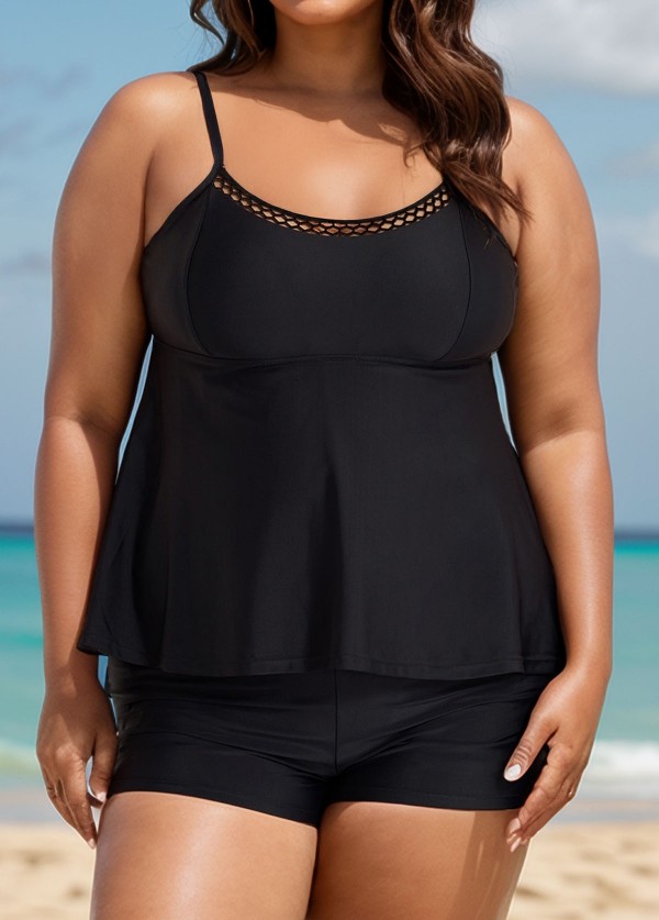 Black Cutout Edge Scoop Neck Plus Size Tankini Top
