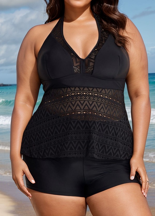 Black V Neck Cut Out Backless Lace Up Tankini Top