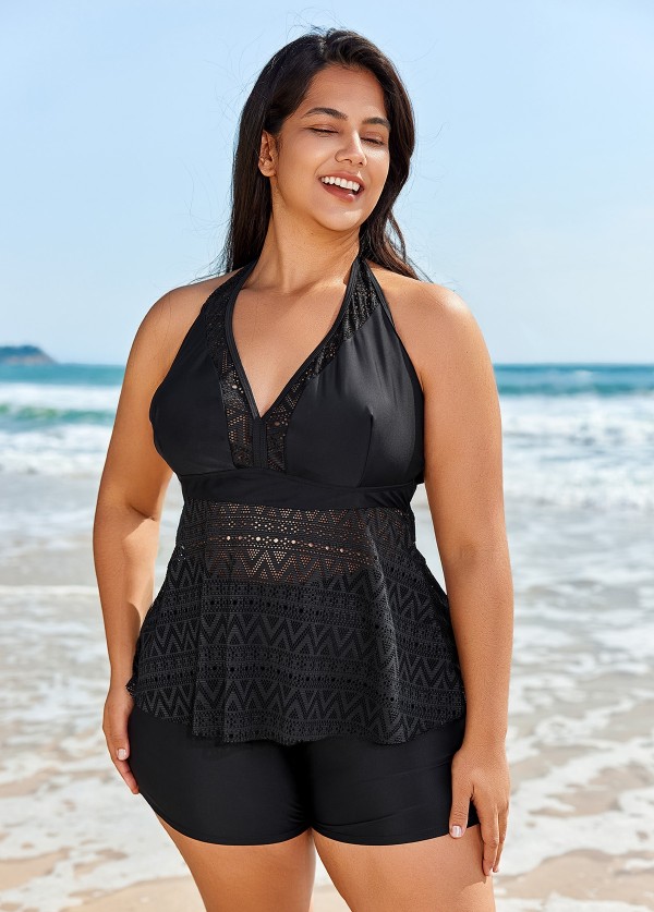 Black V Neck Cut Out Backless Lace Up Tankini Top