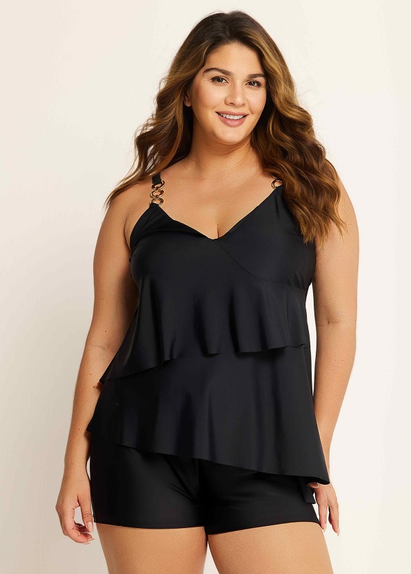 Black V Neck Ring Metal Layered Tankini Top