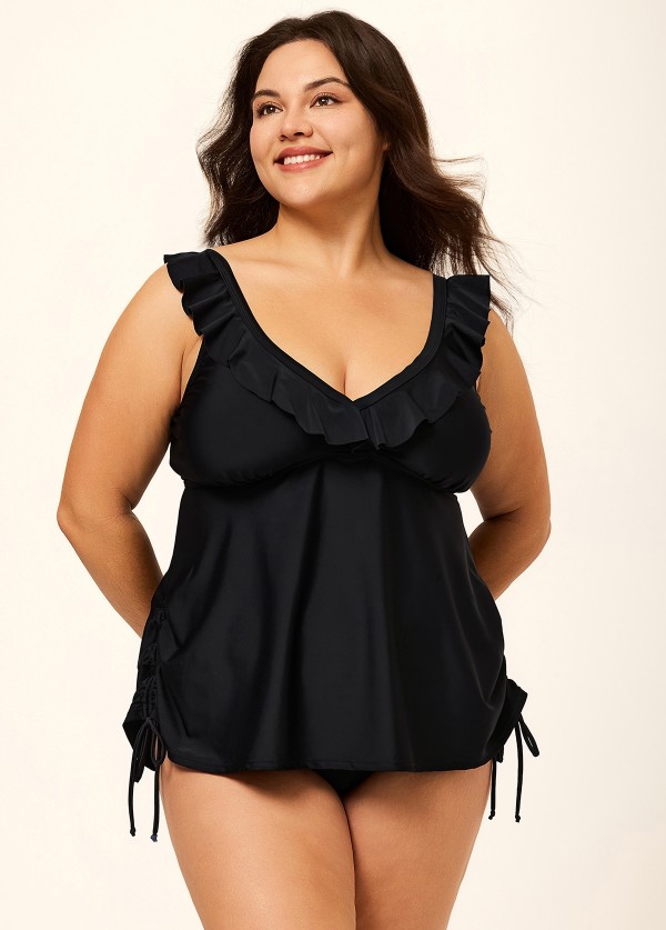 Black V-Neck Plus Size Modest Ruffle Drawstring Tankini Swimsuit Top