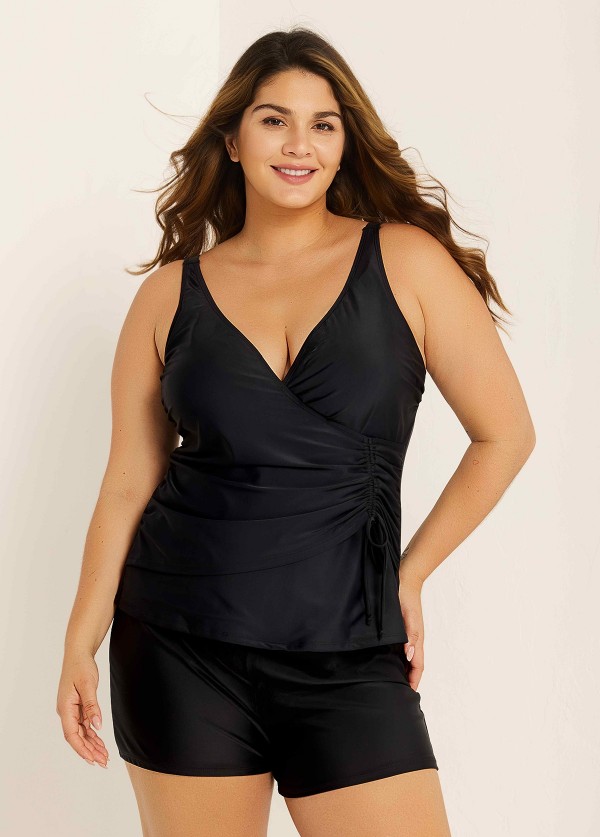 Black V Neck Side Self Tie Drawstring Tankini Top