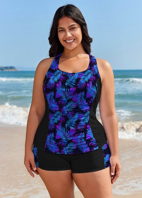 Curvy Purple Floral Tummy Control Swimsuit And Swimwear Tankini Set