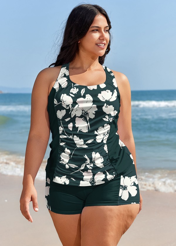 Plus Size Green Floral Tummy Control Swimwear Bathing Suits Tankini Set