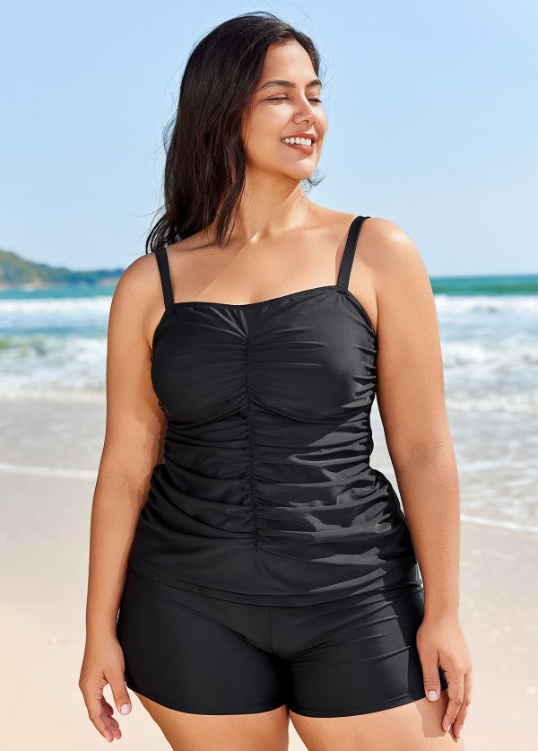 Black Plus Size Ruched Fashion Tankini Top