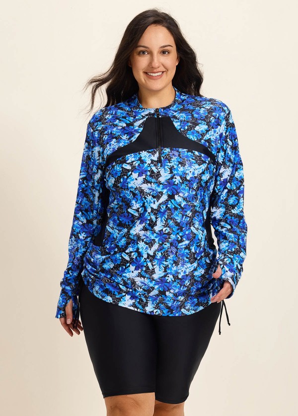 Curvy Blue Tropical Print High Neck Long Sleeves Zipper Drawstring Swim Uv Shirt Tankini Top