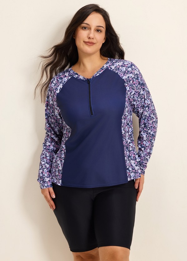 Purle Floral Print High Neck Upf50+ Long Sleeves Zipper Curvy Women's Swimsuit Shirt Tankini Top