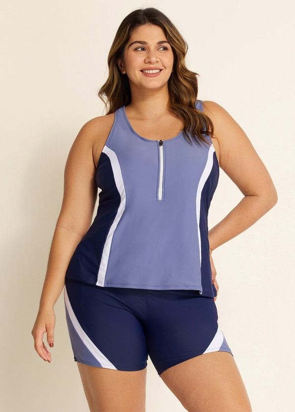 Blue And Purple Color Block Zip Front Sporty Two Piece Bathing Suits Tankini Set