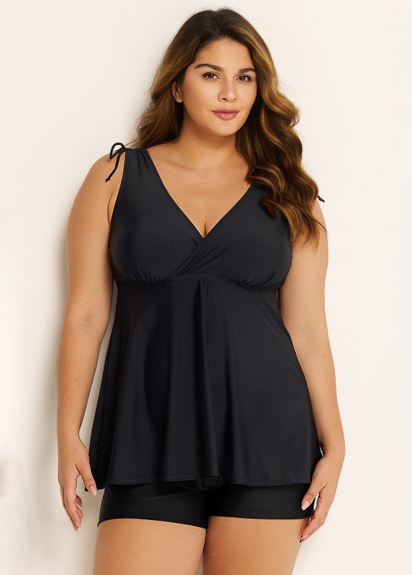 Black Wide Straps Wrap Curvy Two Piece Bathing Suits Tankini Top