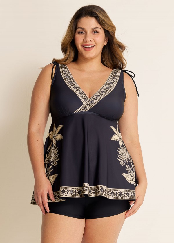 Plus Size Black Floral V Neck Wide Straps Swimsuit Tankini Top