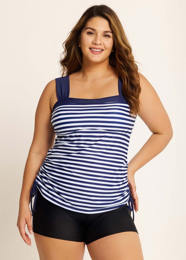 Navy Stripes Wide Straps Side Drawstring Two Piece Bathing Suits Tankini Top