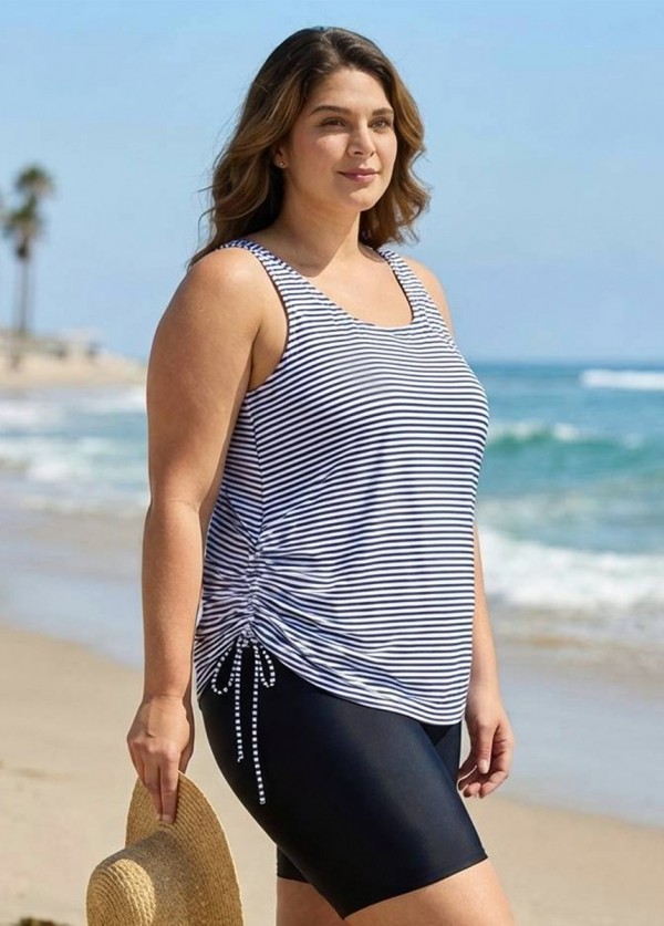 Curvy Black Stripe Drawstring Color Block Women'S Swimsuit Tankini Top
