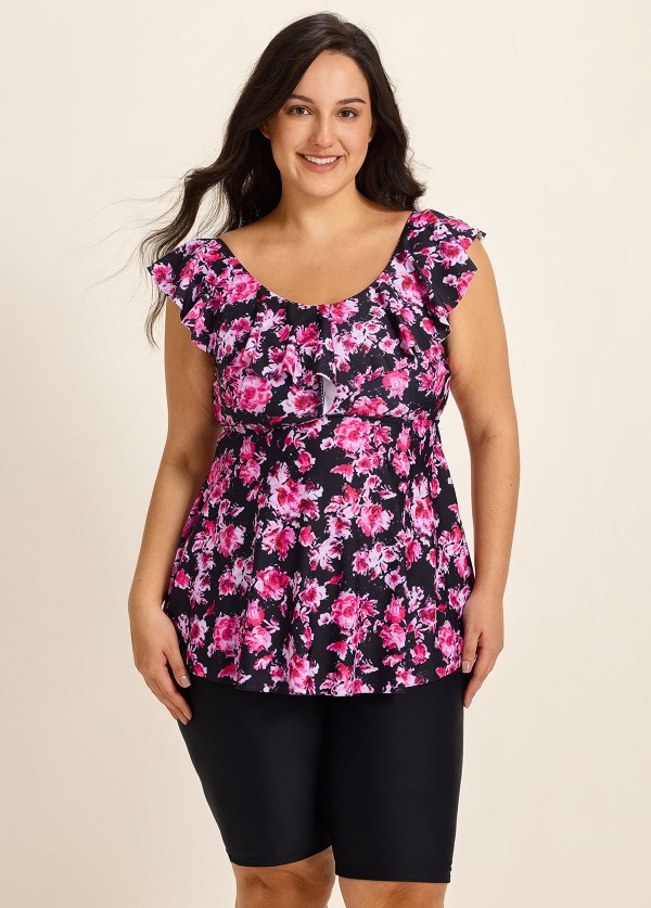 Pink Floral Print Scoop Neck Built In Bra Ruffle Plus Size Women's Swimsuit Tankini Top