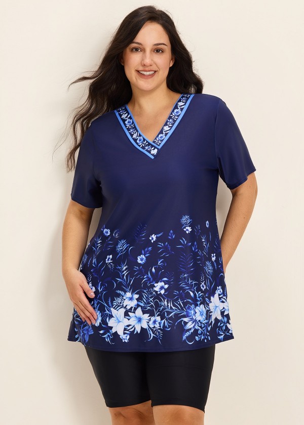 Plus Size Navy Floral V Neck  Upf50+ Short Sleeves Modest Padded Swimsuit Long Tankini Top