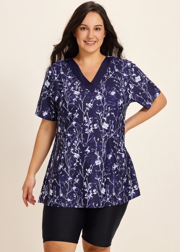 Curvy Purple Floral V Neck Upf50+ Short Sleeves Flattering Padded Swimsuit Long Tankini Top