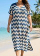 Blue And White Geometric Slit Hem Cutout Swimsuit Cover Up