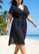 Black Weave Sleeveless Long Fringe Vacation Cover Up