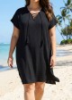 Black Lace Up Neckline Short Sleeves Plus Size Bathing Suit Cover Ups Dress