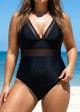 Black Mesh Adjustable Straps Women One Piece Swimsuit