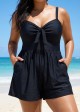 Plain Black Bowknot Pocket Gathered Romper One Piece Swimsuit