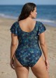 Green Gold Butterfly Ruffle Sleeve Modest Plus Size One Piece Swimsuit
