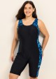 Black Cyan Gradient Pattern Tummy Control Plus Size Swimsuit One Piece Swim Romper