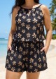 Yellow Floral Keyhole Neck Modest Pocket Curvy Women's Swimsuit One Piece Swim Romper