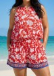 Curvy Red Floral Keyhole Neck Flattering Pocket Women's Swimsuit One Piece Swim Romper