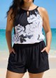 Black And White Floral High Neck Vintage Pocket Plus Size Swimsuit One Piece Swim Romper