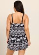 Black White Tropical Print High Neck Modest Pocket Plus Size Swimsuit One Piece Swim Romper