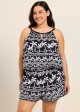 Black White Tropical Print High Neck Modest Pocket Plus Size Swimsuit One Piece Swim Romper