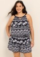 Black White Tropical Print High Neck Modest Pocket Plus Size Swimsuit One Piece Swim Romper