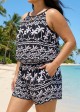 Black White Tropical Print High Neck Modest Pocket Plus Size Swimsuit One Piece Swim Romper