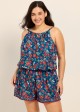 Blue Red Floral Keyhole Neck Vintage Pocket Curvy Women's Swimsuit One Piece Swim Romper