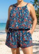 Blue Red Floral Keyhole Neck Vintage Pocket Curvy Women's Swimsuit One Piece Swim Romper