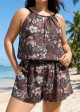 Plus Size Brown Floral High Neck Flattering Pocket Women's Swimsuit One Piece Swim Romper