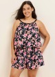 Black Pink Floral Print High Neck Vintage Pocket Plus Size Swimsuit One Piece Swim Romper